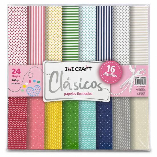 Imagen de Block de Papeles Ilustrados IBI Craft Clásicos – 24 hojas